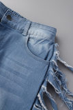 Pantalones cortos de mezclilla rectos de cintura alta con borlas rasgadas de calle azul claro