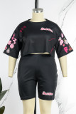 Black Casual Print Patchwork O Neck Plus Size Two Pieces