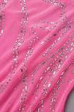 Roze sexy patchwork effen hete boren rugloze spaghettibandjes onregelmatige jurkjurken