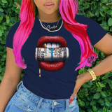 Red Casual Street Lips Printed Patchwork O Neck T-Shirts