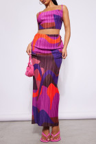 Rose Purple Sexy Print Patchwork Fold Spaghetti Strap Sleeveless Two Pieces Cami Crop Tops And Skirts Sets