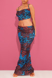 Blue Sexy Print Patchwork Fold Spaghetti Strap Sleeveless Two Pieces Cami Crop Tops And Skirts Sets