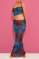 Dark Blue Red Sexy Print Patchwork Fold Spaghetti Strap Sleeveless Two Pieces Cami Crop Tops And Skirts Sets