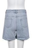 Baby Blue Casual Street Solid Hollowed Out Patchwork Regular Denim Shorts