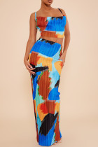 Blue Sexy Print Patchwork Fold Spaghetti Strap Sleeveless Two Pieces Cami Crop Tops And Skirts Sets