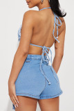 The cowboy blue Sexy Street Simplicity Solid Patchwork Pocket Strap Design Halter Sleeveless Two Pieces
