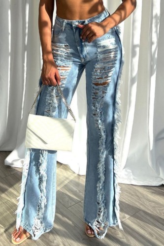 Jeans in denim regolari a vita alta patchwork strappati casual blu baby