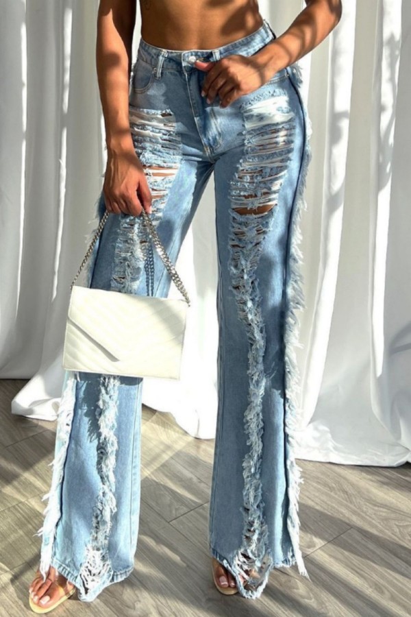 Голубые повседневные однотонные рваные джинсы в стиле пэчворк с высокой талией и обычной джинсовой тканью