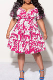 Rosenrotes, süßes Patchwork-Kleid mit V-Ausschnitt in A-Linie in Übergröße