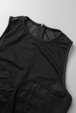 Barboteuse slim noire sexy en patchwork uni transparent à col rond