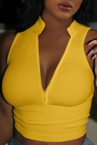 Tops de cintura alta con cuello en V y cremallera de patchwork sólido de calle casual sexy amarillo