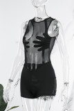 Macacão magro preto sexy sólido patchwork transparente com decote em O