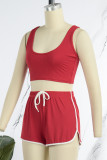 Rose Rot Lässige Sportbekleidung Einfarbig Grundlegend V-Ausschnitt Ärmellos Zweiteiler