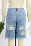 Light Blue Casual Splash Ink Print Mid Waist Regular With Belt Distressed Ripped Denim Shorts (Subject To The Actual Object)