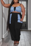 Bleu Casual Solide Patchwork Spaghetti Strap Plus Size Two Pieces