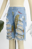 Light Blue Casual Splash Ink Print Mid Waist Regular With Belt Distressed Ripped Denim Shorts (Subject To The Actual Object)