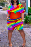 Multicolor Rainbow Casual Print Basic V Neck Regular Loose Rompers