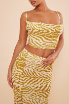 Yellow Sexy Print Patchwork Fold Spaghetti Strap Sleeveless Two Pieces Cami Crop Tops And Skirts Sets