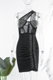 Bruin Sexy Party Solid See-through Fold Hot Drill Effen kleur One Shoulder Wrapped Skirt Jurken