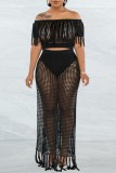 Black Sexy Solid Tassel Hollowed Out See-through Slit Off the Shoulder Short Sleeve Two Pieces