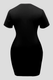 Falda de lápiz con cuello en O de patchwork con estampado informal negro Vestidos de talla grande