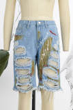 Short en jean régulier bleu clair à imprimé décontracté déchiré à taille moyenne (sous réserve de l'objet réel)