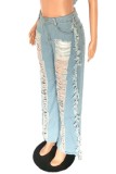 Baby Blue Casual Solid Ripped Patchwork High Waist Regular Denim Jeans