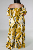 Gold Casual Print Patchwork Fold Off the Shoulder Plus Size Jumpsuits