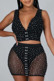 Black Sexy Street Solid Patchwork Mesh Hot Drill Scollo a V senza maniche Due pezzi