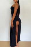 Black Sexy Street Party Solid Slit Hot Drill Off the Shoulder Strapless Dress Dresses
