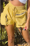 Pantalones de color sólido rectos de cintura alta con cremallera de bolsillo de patchwork sólido informal amarillo