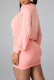 ピンクのセクシーなストリート パーティー ソリッド シースルー フォールド V ネック ワン ステップ スカート ドレス