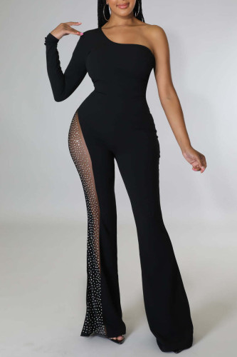 Black Sexy Casual Elegant Solid Patchwork Mesh Hot Drill Oblique Collar Regular Jumpsuits