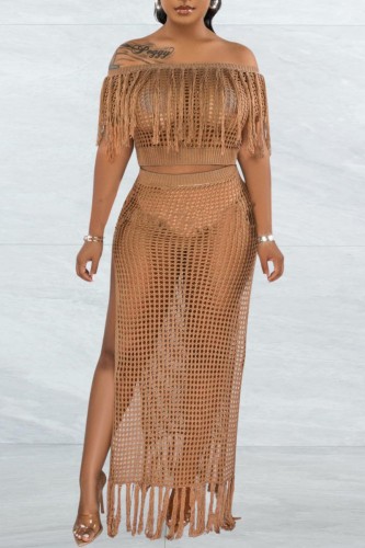 Khaki Sexy Solid Tassel Hollowed Out See-through Slit Off the Shoulder Short Sleeve Two Pieces