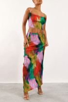 Colour Sexy Print Patchwork Fold Spaghetti Strap Sleeveless Two Pieces Cami Crop Tops And Skirts Sets
