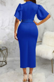 Blue Casual Work Solid Bandage Patchwork O Neck One Step Skirt Dresses