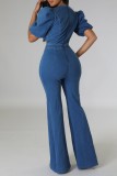 The cowboy blue Casual Solid Hollowed Out Patchwork V Neck Regular Puff Sleeves Flare Leg Jumpsuits