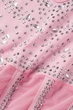 Festa rosa sexy com borla lisa transparente com lantejoulas broca quente decote em V manga longa duas peças