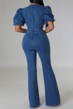 The cowboy blue Casual Solid Hollowed Out Patchwork V Neck Regular Puff Sleeves Flare Leg Jumpsuits
