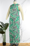 Green Sexy Print High Opening Basic O Neck Printed Dress Plus Size