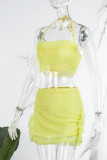 Желтый сексуальный сплошной бинт в стиле пэчворк с открытой спиной Спагетти ремень без рукавов из двух частей