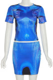 Blue Sexy Street Print Patchwork O Neck Short Sleeve Two Pieces