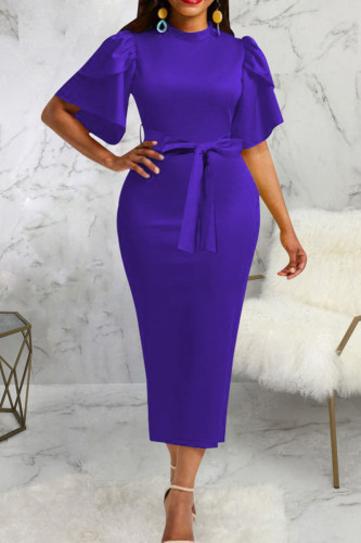 Purple Casual Work Solid Bandage Patchwork O Neck One Step Skirt Dresses