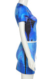 Синий сексуальный уличный принт в стиле пэчворк с круглым вырезом и короткими рукавами из двух частей