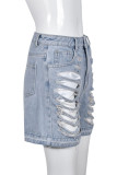 Pantalones cortos de mezclilla regulares de patchwork ahuecados lisos casuales de calle azul bebé