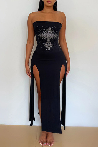 Black Sexy Street Party Solid Slit Hot Drill Off The Shoulder Robe sans bretelles