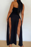 Black Sexy Street Party Solid Slit Hot Drill Off The Shoulder Robe sans bretelles