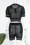 Черный Повседневная спортивная одежда Простота Однотонный Сплошной цвет Контраст Воротник-поло С короткими рукавами Из двух частей