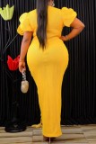 Yellow Sexy Formal Patchwork Hot Drilling Slit V Neck Evening Dress
