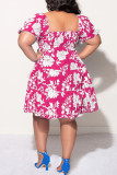 Розово-красный сладкий принт в стиле пэчворк с V-образным вырезом А-силуэта Платья больших размеров